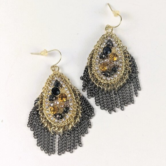Gold-Tone Dangling Chain & Rhinestone Earrings - Picture 1 of 3